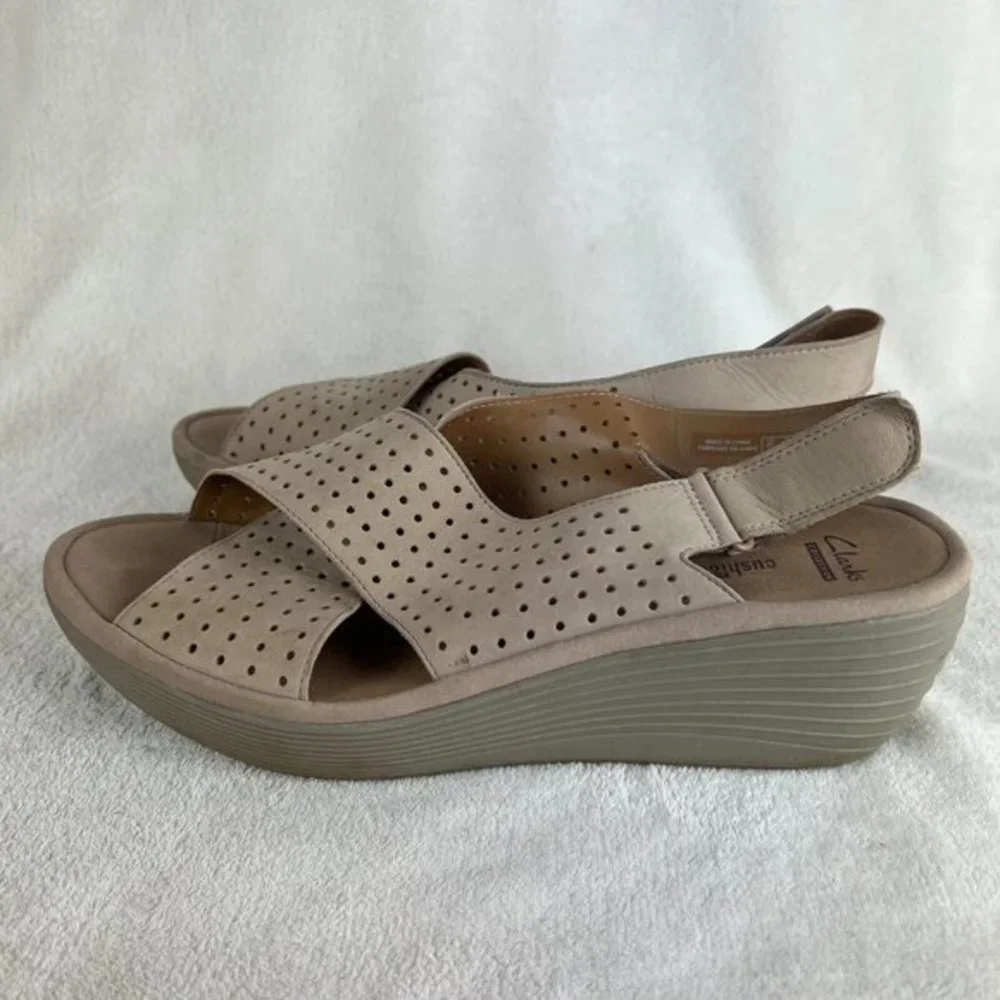 Clarks Reedly Variel‎ Slingback Platform Wedge Sandals 12 Womens Beige Nubuck